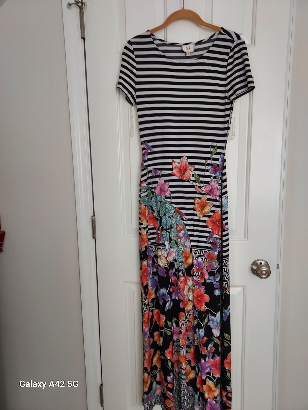 ECI Black & White Striped Maxi Dress with Multicolor Floral Border
